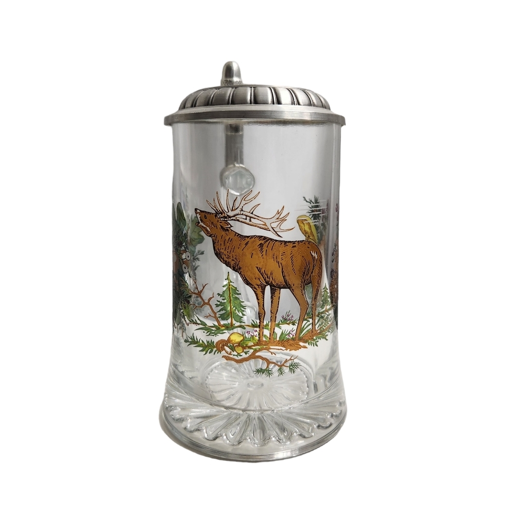 Vintage ALWE Glass Beer Stein Bugling Elk Nature Pinecones Cabin Decor Bar